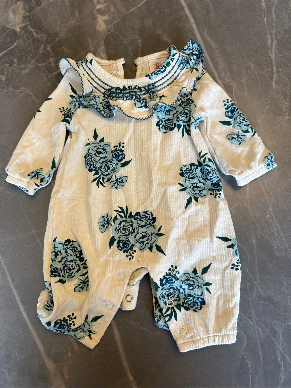 wonder nation Cream Floral Ruffle One-Piece Romper with Teal Print
